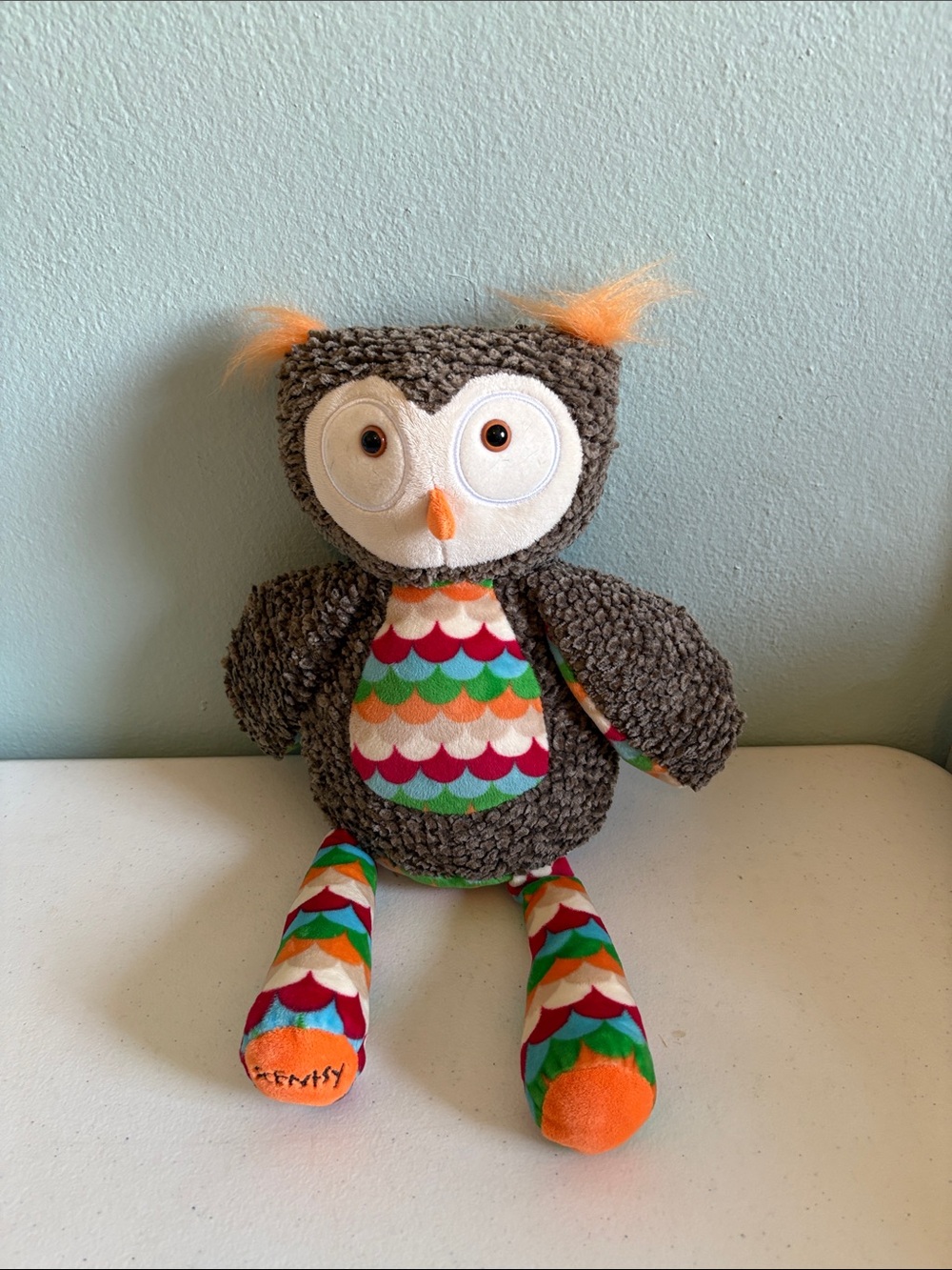 Scentsy Buddy Plush Owl Stuffed Toy in Gray with Colorful Pattern